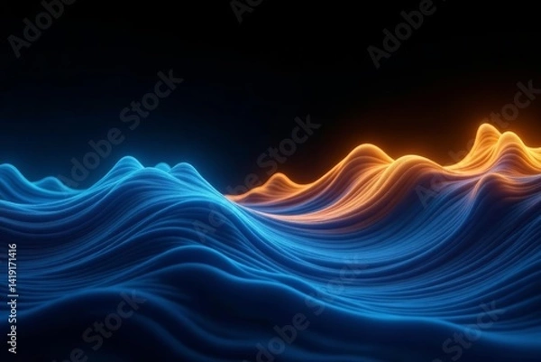 Fototapeta Dynamic blue and yellow waves on black backdrop, wave, abstract