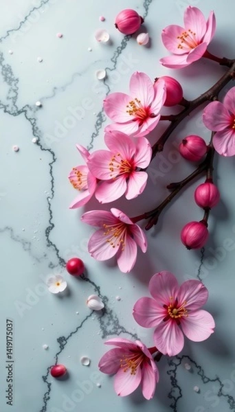 Fototapeta Elegant composition of plum blossoms on gray marble surface, flowers, spring