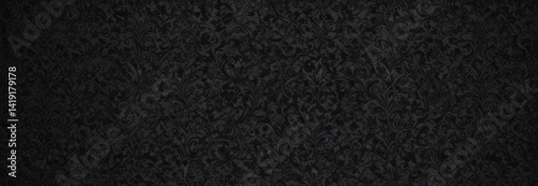 Fototapeta Black gothic damask wallpaper; swirling vines & intricate floral details create a seamless design , shadow, repeat