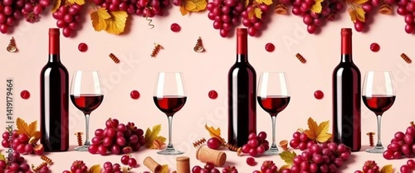 Fototapeta Elegant red wine bottle, glasses, grapes, corkscrew repeat pattern, pattern, fall