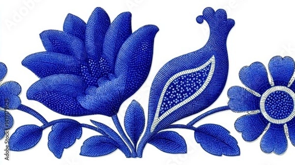Fototapeta Blue Floral Textile Border Stylized Flowers and Bird Design