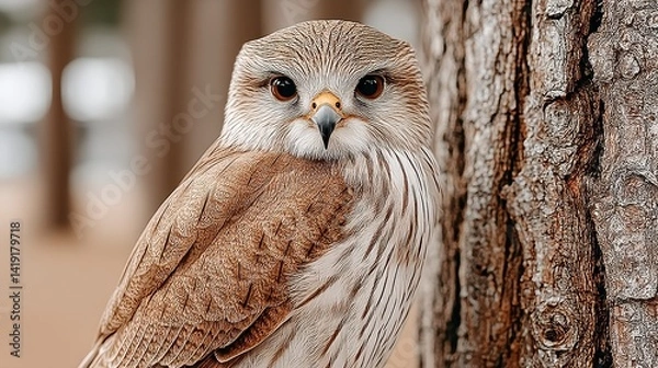 Fototapeta Brown and White Owl Perched on Tree Trunk in Forest Setting