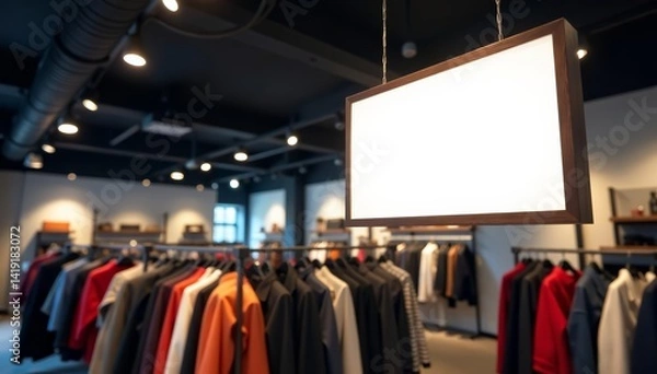 Fototapeta Empty signage board on ceiling in trendy clothing store, stylish, shopping