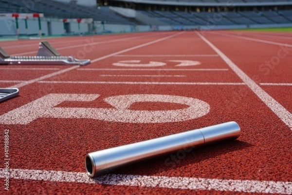 Fototapeta Sports, track and closeup of baton in a stadium for a relay race, marathon or competition. Fitness, running and zoom of athletic equipment on the ground for cardio training, workout or exercise.