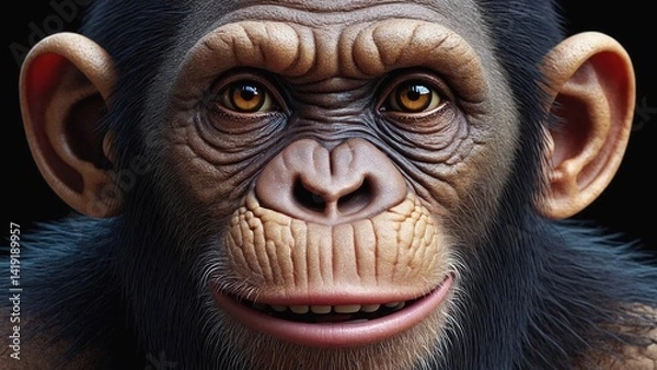 Fototapeta Close Up Chimpanzee: A striking close-up portrait of a chimpanzee, its intelligent eyes gleaming, conveying a sense of curiosity and connection, set against a clean background.