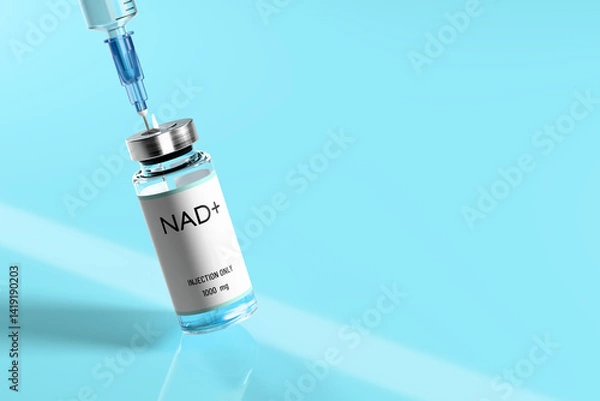Obraz NAD+. Syringe and vial for injection on blue background. Concept of anti-aging therapy and life extension. 3d illustration, rendering. Copy space