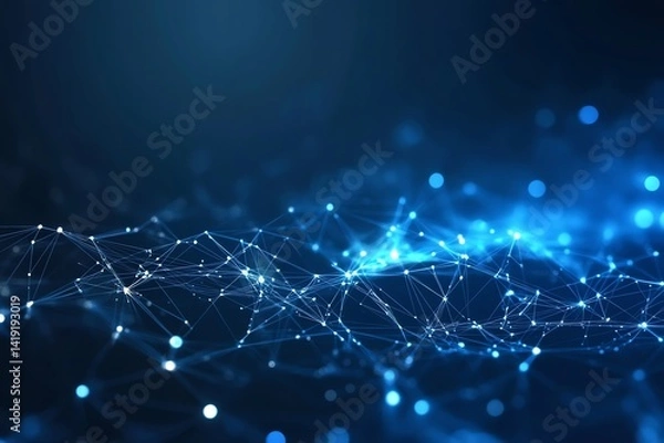 Fototapeta Glowing blue network with connecting dots creates a futuristic and technological feel. Perfect for technology and science presentations.