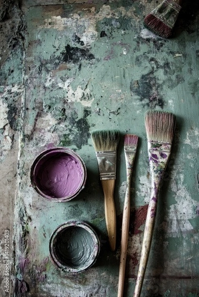 Fototapeta Aged Palette with Paint and Brushes