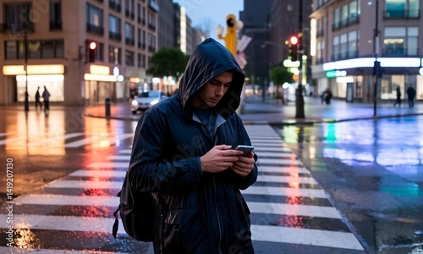 Obraz A man in a stylish raincoat standing at a crosswalk on a rainy evening glancing at his phone with concern