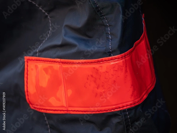 Obraz Close-up of a black fabric with a shiny red reflective strip, a part of a safety gear.