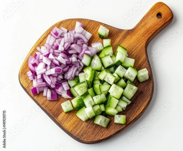 Obraz Chopped red onion and cucumber on a wooden cutting board