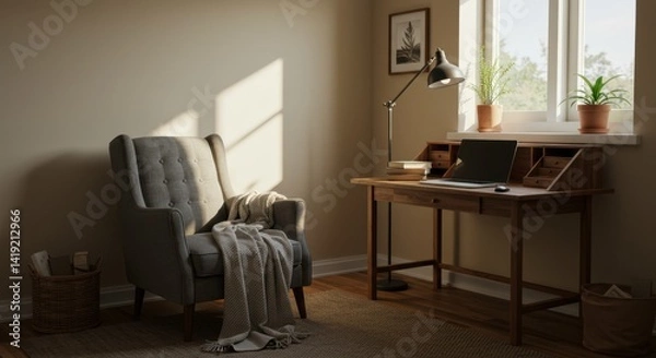 Fototapeta Sunlit Home Office with Wooden Desk and Comfortable Chair