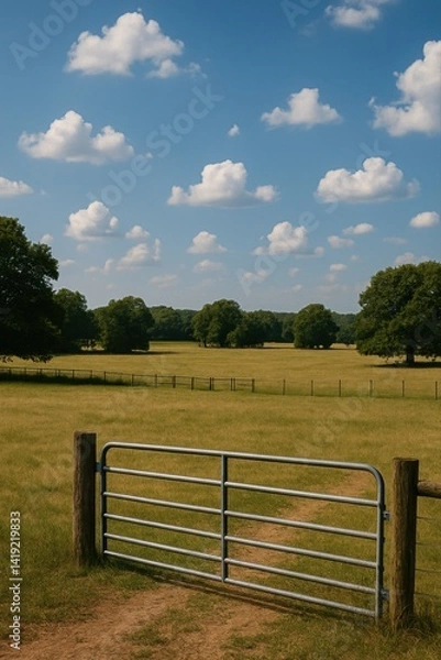 Fototapeta  a rural landscape featuring a wide pasture field enclosed by a metal gate and rustic fencing.
