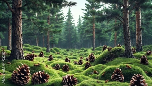 Obraz Quiet pine forest with soft moss and scattered pinecones