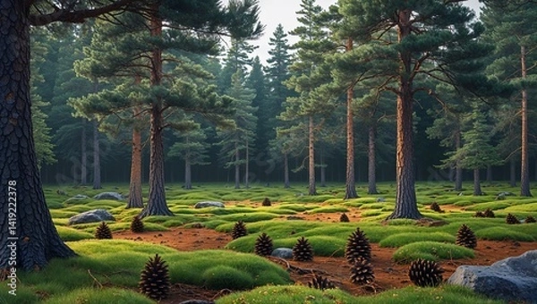 Obraz Quiet pine forest with soft moss and scattered pinecones