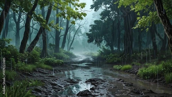 Obraz Rainy forest with dripping leaves and muddy paths