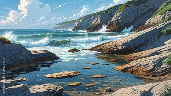 Obraz Rocky beach with tide pools and crashing waves