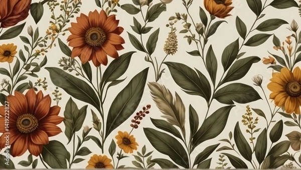 Fototapeta Autumnal floral pattern with rust and beige flowers and leaves. Warm, botanical design perfect for backgrounds or fall themes.