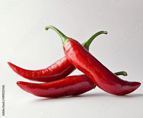 Obraz Three vibrant red chili peppers on white background