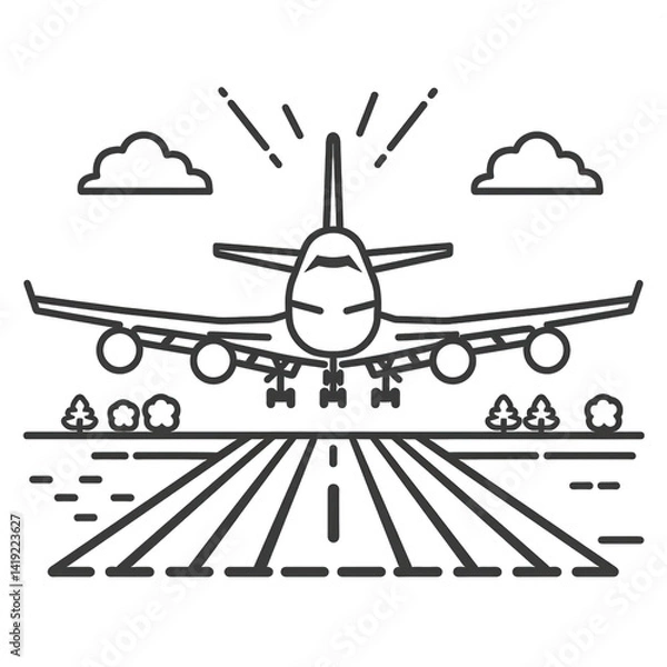 Fototapeta An airplane taking off from a runway under a bright sky with clouds, surrounded by trees, symbolizing travel and adventure , isolated on white or transparent png