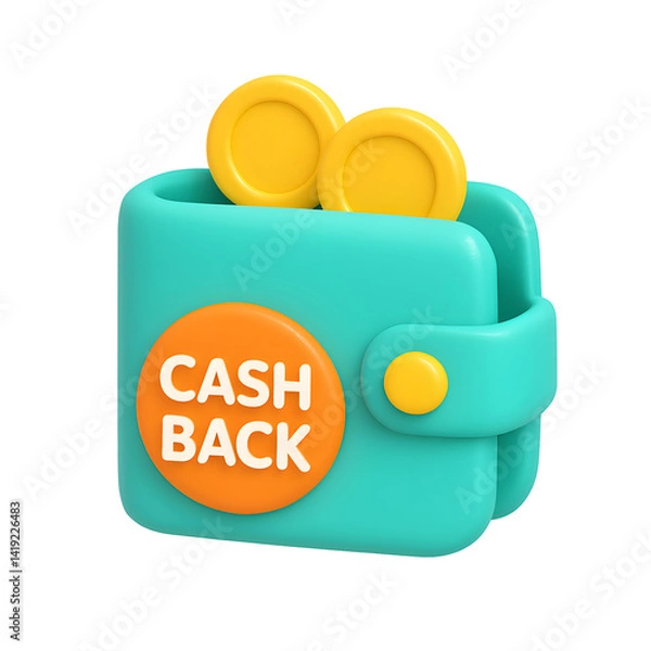 Fototapeta 3D wallet icon with cashback label and coins, ideal for finance, rewards, and online payment promo with PNG transparency background
