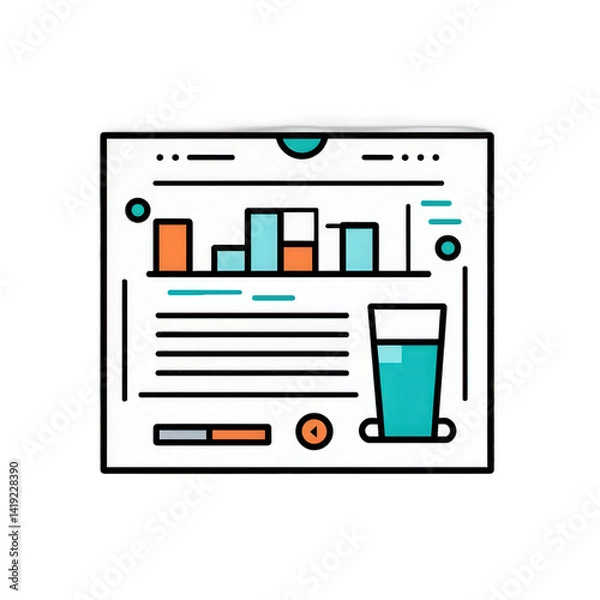 Fototapeta Colorful infographic illustrating data trends with charts, graphs, and a glass of water, set against a minimalistic background for educational use , isolated on white or transparent png