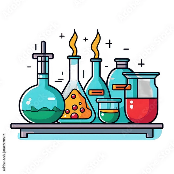 Fototapeta Colorful laboratory glassware with various liquids, including bubbling solutions and vibrant colors, set on a shelf against a clean background , isolated on white or transparent png
