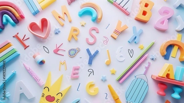 Obraz Learn Alphabets with Fun 3D Letters, Colorful Crayons, and Playful Shapes: An Engaging Educational Journey for Kids, Featuring a Rainbow, Heart, and Crown Designs for Preschoolers and Toddlers.