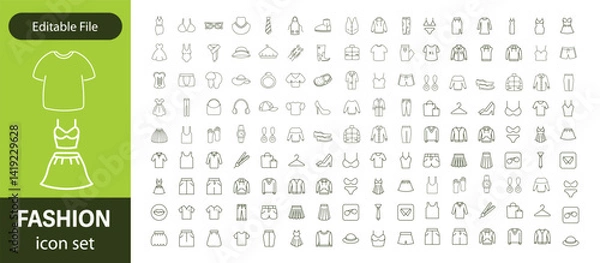 Fototapeta Set of line icons related to fashion, sewing, and clothing. Outline icon collection. clothes and cloth elements - minimal thin line web icon set. Outline editable icons collection. Dress,polo t-shirt