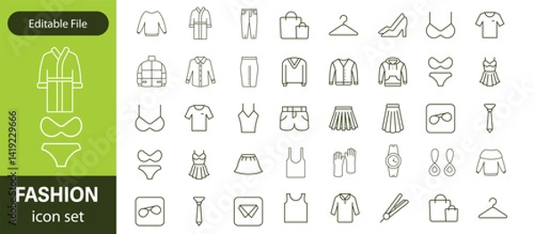Fototapeta Set of line icons related to fashion, sewing, and clothing. Outline icon collection. clothes and cloth elements - minimal thin line web icon set. Outline editable icons collection. Dress,polo t-shirt
