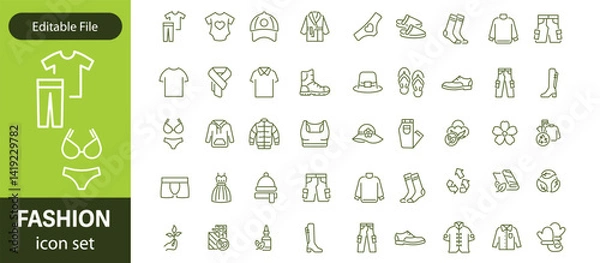 Fototapeta Set of line icons related to fashion, sewing, and clothing. Outline icon collection. clothes and cloth elements - minimal thin line web icon set. Outline editable icons collection. Dress,polo t-shirt