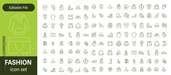 Fototapeta Set of line icons related to fashion, sewing, and clothing. Outline icon collection. clothes and cloth elements - minimal thin line web icon set. Outline editable icons collection. Dress,polo t-shirt