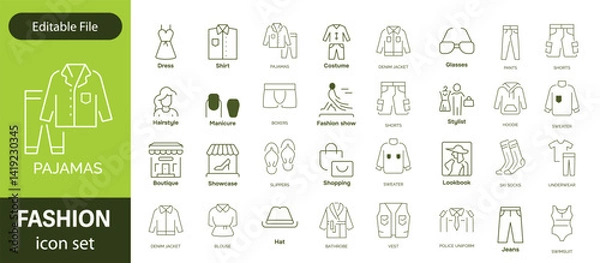 Fototapeta Set of line icons related to fashion, sewing, and clothing. Outline icon collection. clothes and cloth elements - minimal thin line web icon set. Outline editable icons collection. Dress,polo t-shirt