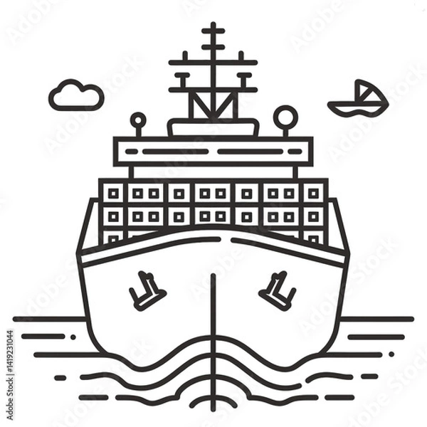 Fototapeta Illustration of a large ship navigating through calm waters, with clouds and distant boats in the background, symbolizing maritime travel and exploration , isolated on white or transparent png