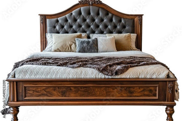 Fototapeta Luxurious handcrafted walnut bed tufted leather headboard plush bedding dark background on transparent background