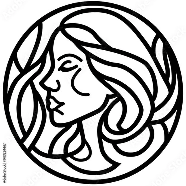Fototapeta Intricate line art depicting a woman's profile surrounded by flowing hair, ideal for creative projects and artistic expressions , isolated on white or transparent png