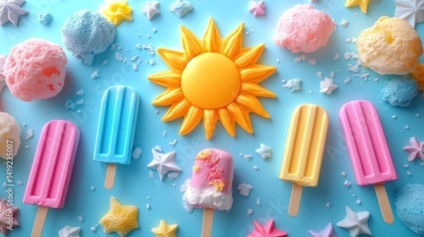 Fototapeta Creative summer sale graphic with sun-shaped text box and popsicle elements