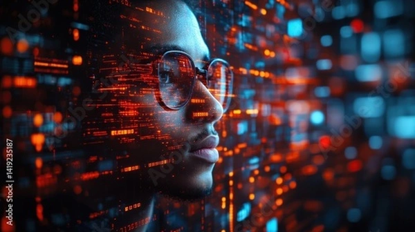 Fototapeta Cyber teller in motion blur surrounded by data streams and crypto coins