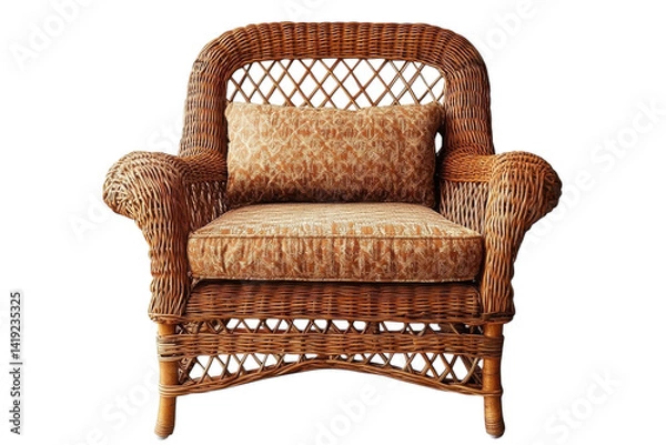 Fototapeta Luxurious woven wicker armchair with a beige patterned cushion inviting relaxation in a warm on transparent background
