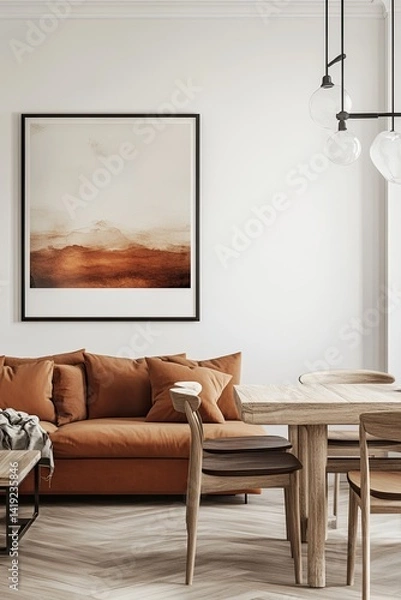 Obraz A contemporary living room with an orange couch, wooden dining table and a framed abstract landscape