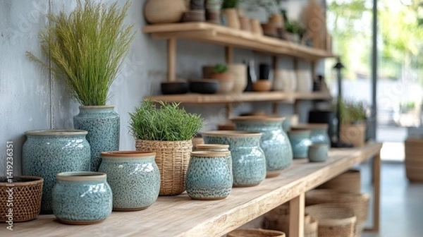 Fototapeta Handmade and craft items summer sale, featuring pottery, textile and nature-inspired decor