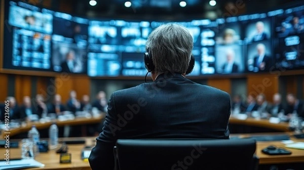 Fototapeta Officials discussing ECB policy with digital display behind