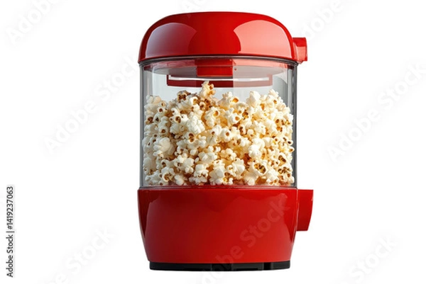 Fototapeta Red retro popcorn maker filled with fluffy popcorn ready for movie night against a black on transparent background