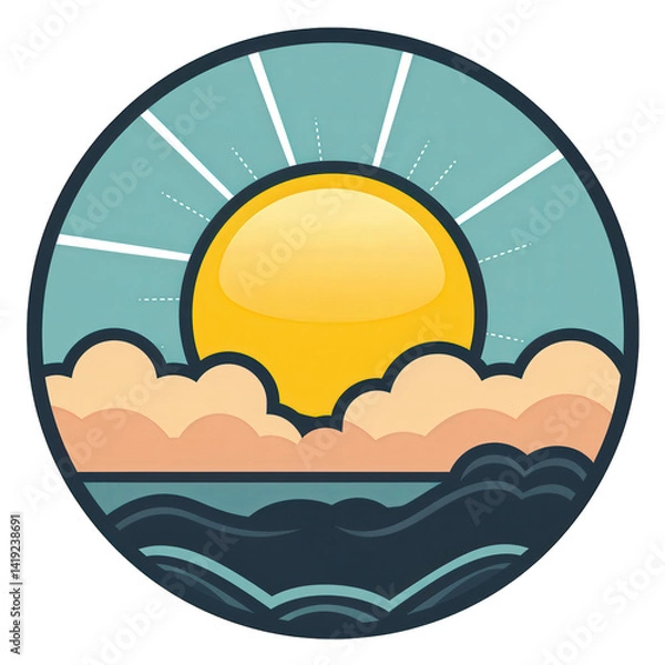Fototapeta Vibrant sun rising over tranquil ocean waves with fluffy clouds, symbolizing a new day and hope, set against a serene blue sky , isolated on white or transparent png