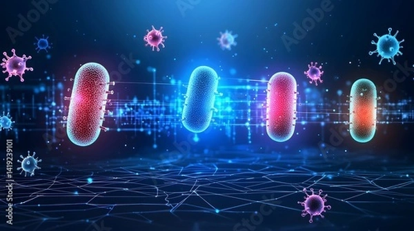 Obraz Colorful and Captivating of Microscopic Bacterial Organisms in Vibrant Neon Hues Against a Dark Backdrop Showcasing the and Scientific Essence of the Microbial World