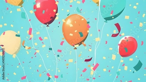Obraz Colorful Balloons Celebrate Festive Occasion with Confetti Falling Joyously from Above, Creating a Vibrant and Cheerful Atmosphere Perfect for Any Celebration.