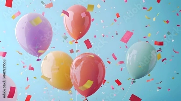 Obraz Colorful Balloons Ascending with Confetti: A Celebration of Joy and Festivity in the Sky, Featuring Pastel Hues and Vibrant Colors for a Delightful Visual Experience.  An Uplifting Scene of Happiness.