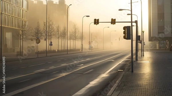 Obraz Dramatic and cinematic dust storm moving through an empty deserted urban street creating a powerful ominous and surreal atmosphere  The scene evokes a sense of mystery