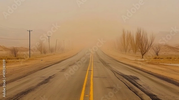 Obraz Dramatic and cinematic dust storm sweeping through an empty desolate urban street creating a moody ominous and haunting atmosphere
