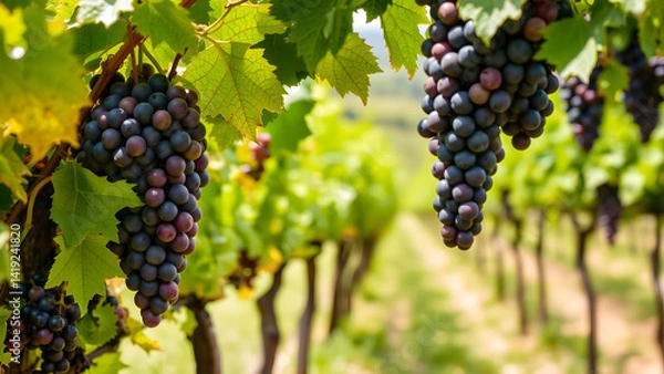 Fototapeta A picturesque vineyard backdrop adorned with ripe grapes enhances the charm of a wine festival